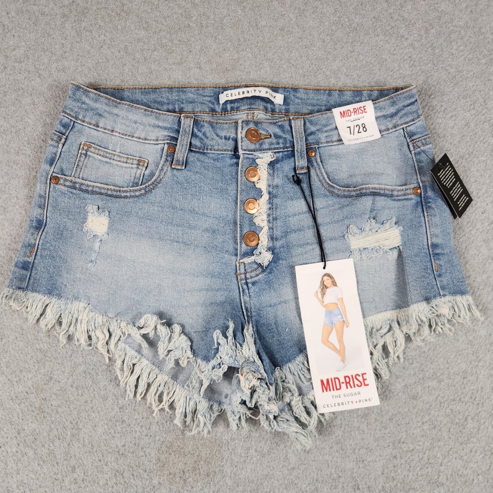 Celebrity Pink Jean Shorts Womens 7/28 Blue Denim Mid Rise Button Fly Raw Hem